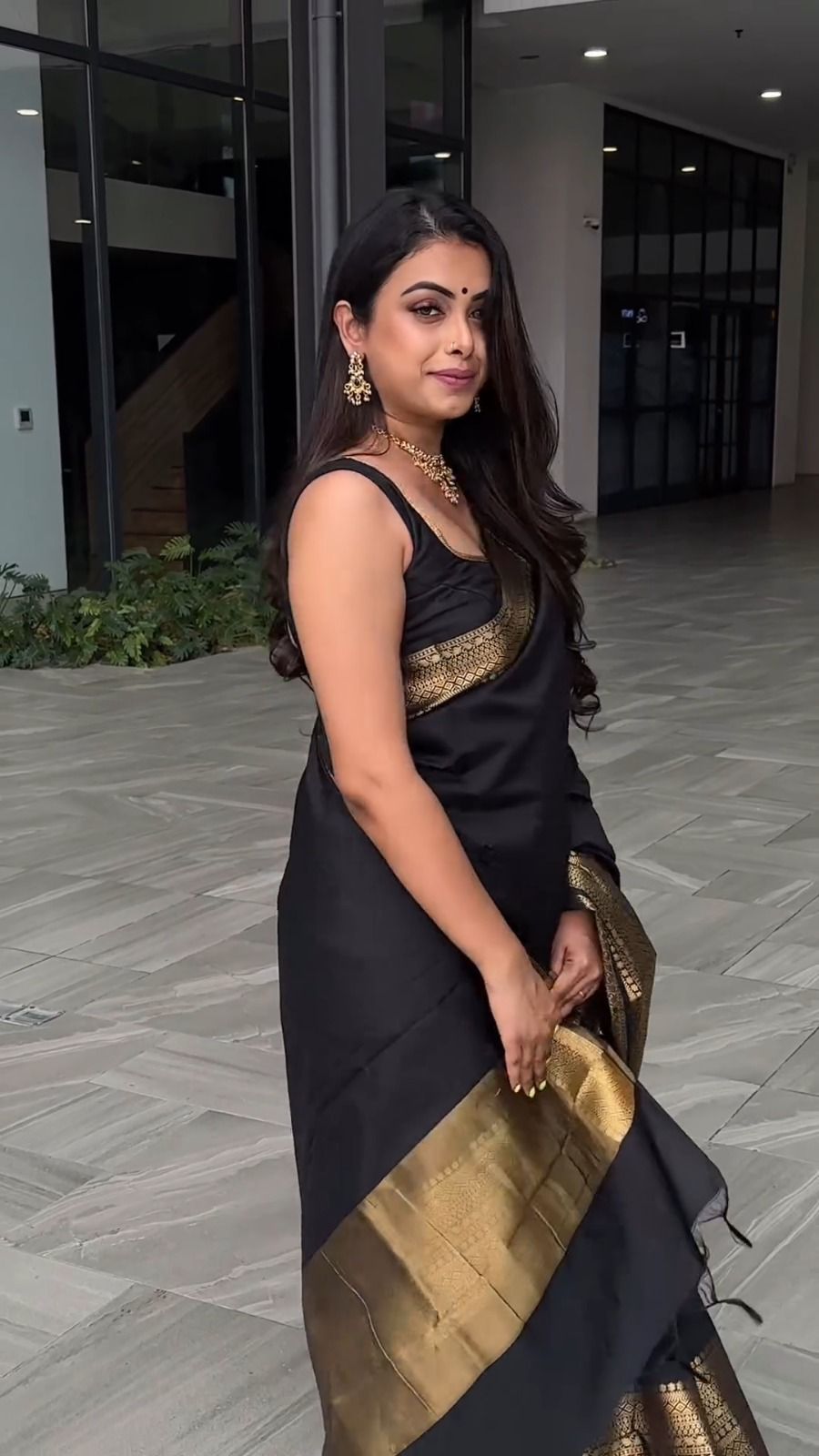 Graceful Black with Golden Zari Work Lichi Silk Saree with Blouse Peace