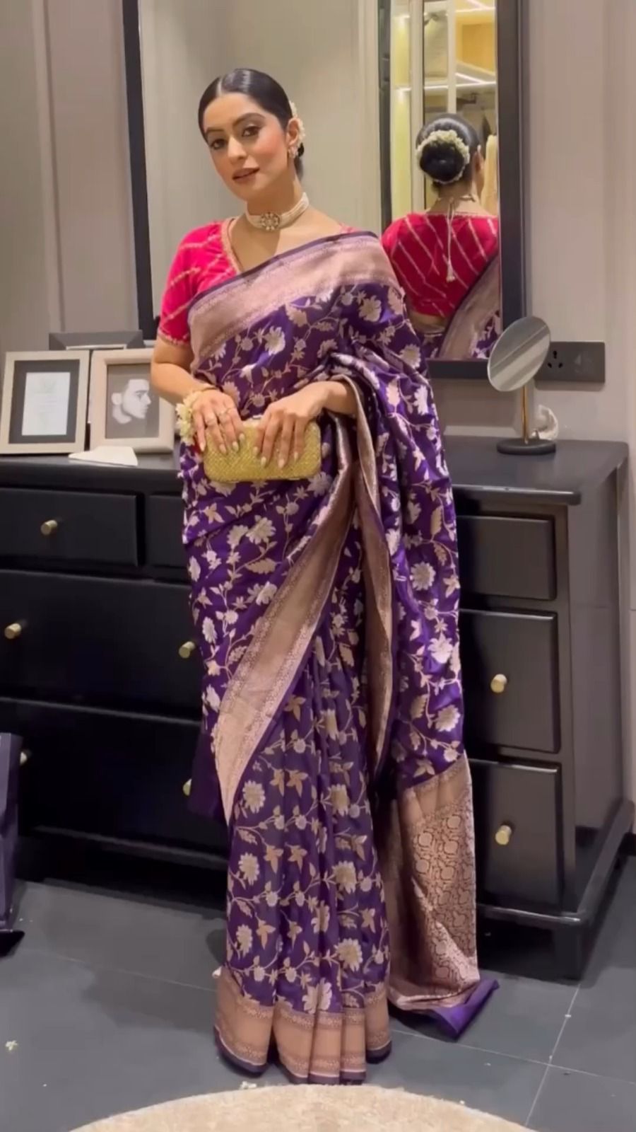 Perfectly Violet Draped Lichi Silk Saree with Blouse Peace