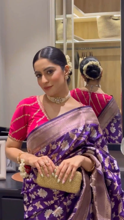 Perfectly Violet Draped Lichi Silk Saree with Blouse Peace