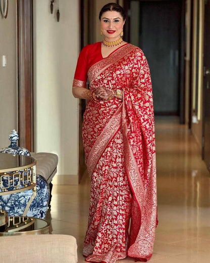 Sophisticated Red Soft Lichi Silk Saree With Amazing Blouse Piece