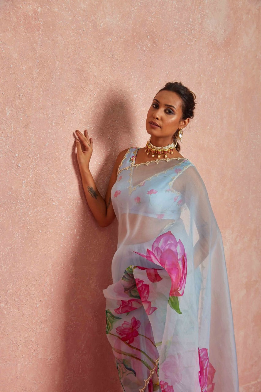 Stylist  1 Minute Ready to Wear Sky Blue Floral Georgette Saree