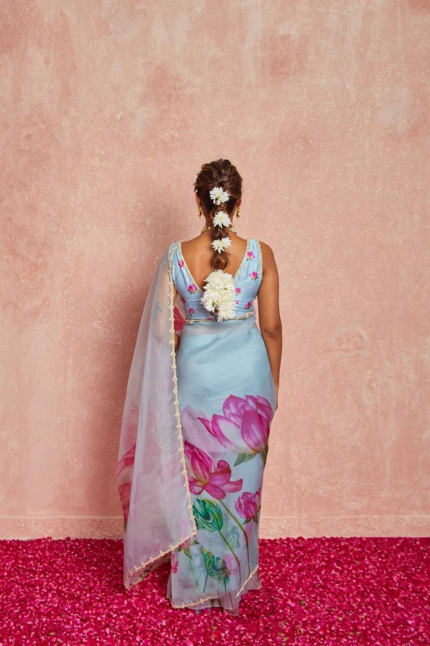 Stylist  1 Minute Ready to Wear Sky Blue Floral Georgette Saree