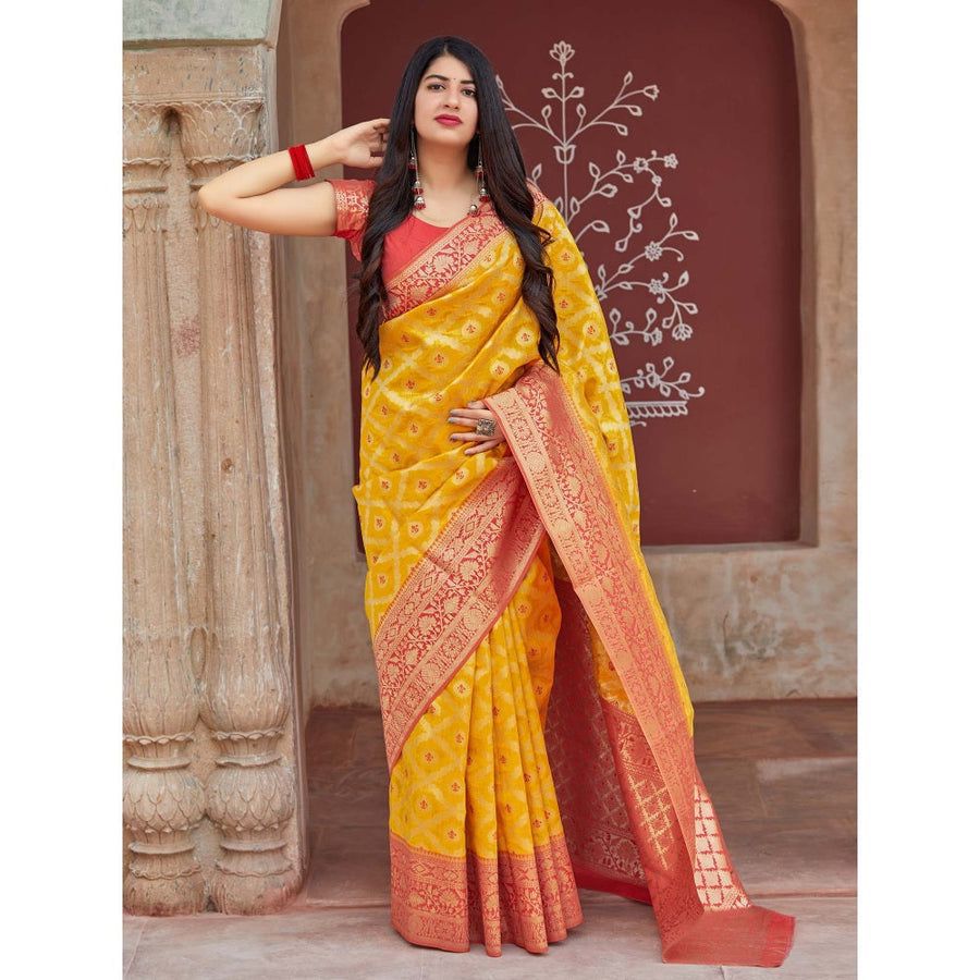 Traditional Yellow Soft Lichi Silk Saree With Classic Blouse Piece