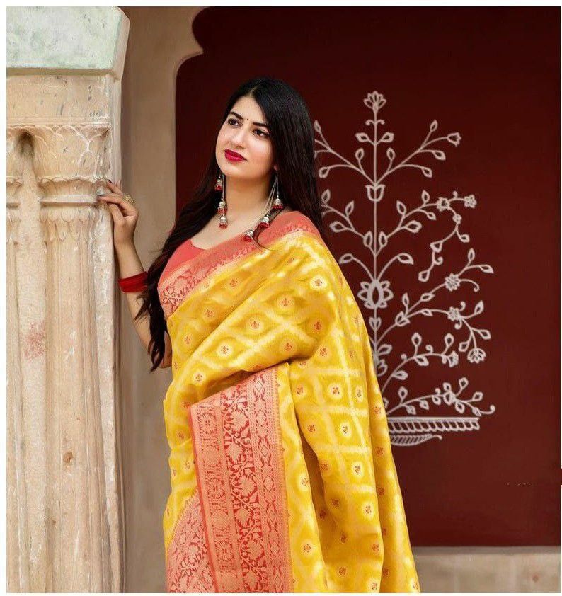 Traditional Yellow Soft Lichi Silk Saree With Classic Blouse Piece