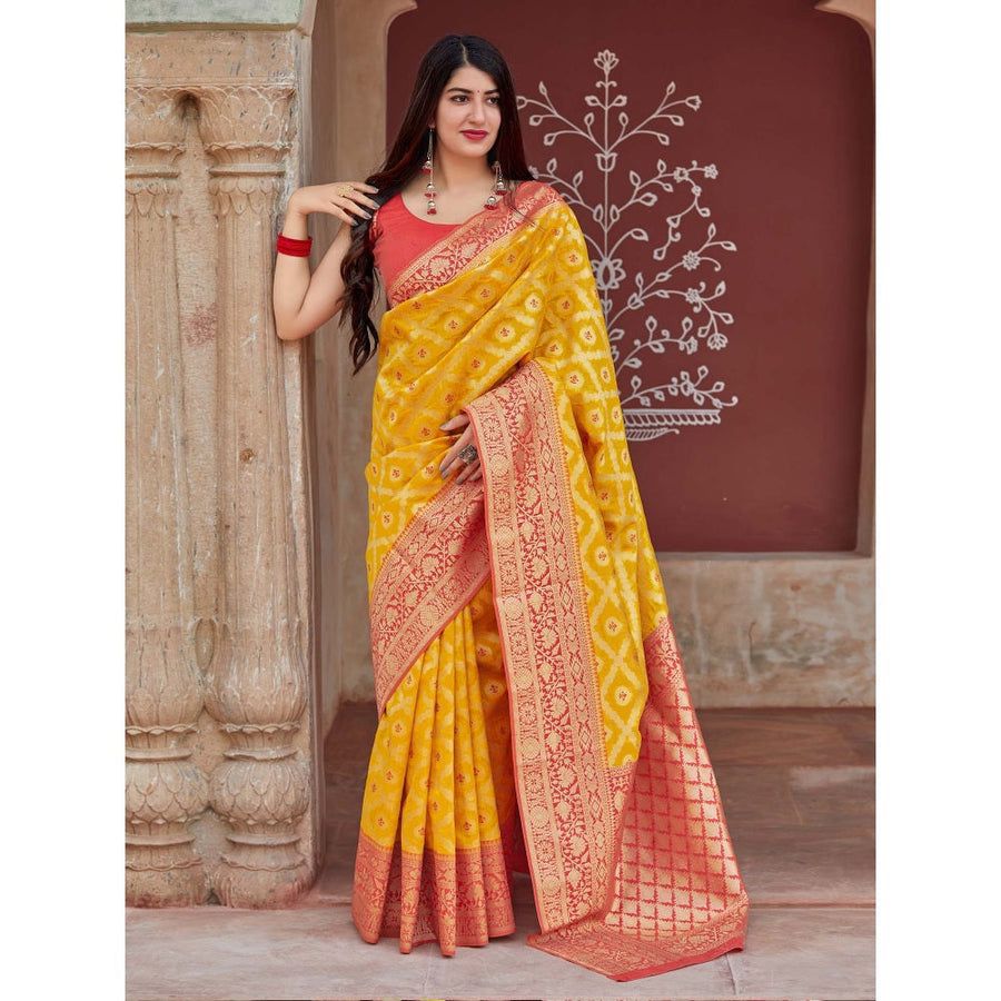Traditional Yellow Soft Lichi Silk Saree With Classic Blouse Piece