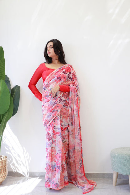 Premium 1 Minute Ready to Wear Peach Georgette Saree