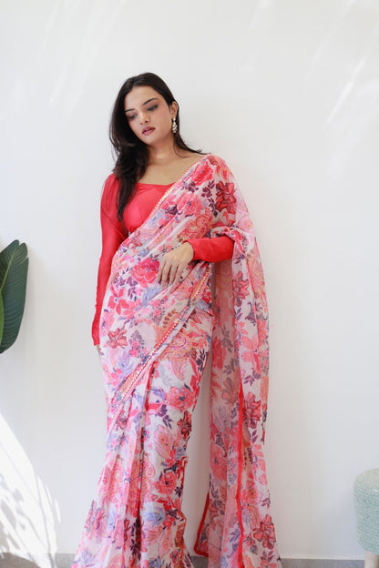Premium 1 Minute Ready to Wear Peach Georgette Saree