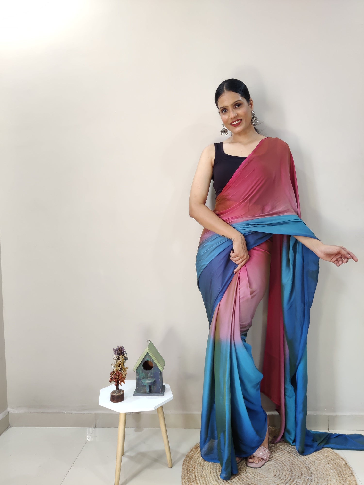 Stunning 1 Minute Ready to Wear Red &amp; Blue Chiffon Saree