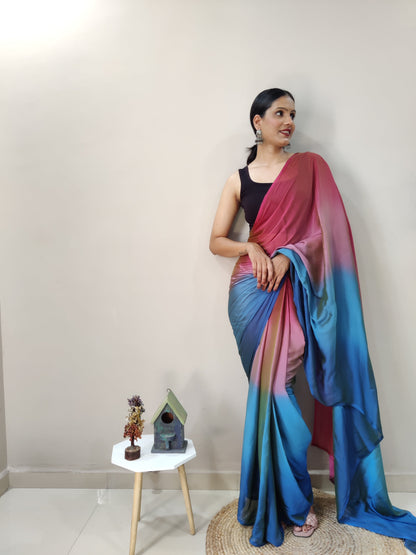 Stunning 1 Minute Ready to Wear Red &amp; Blue Chiffon Saree
