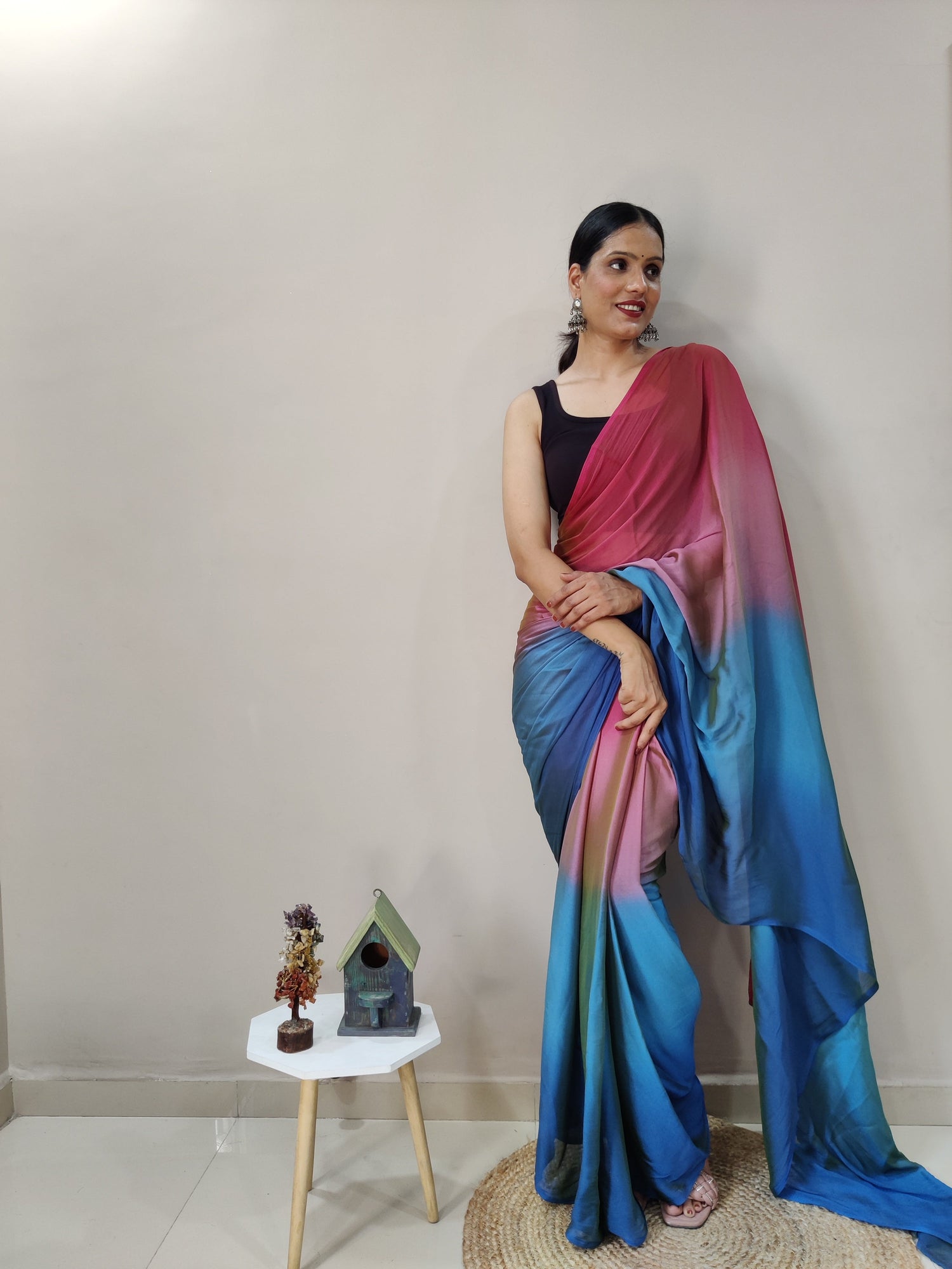 Stunning 1 Minute Ready to Wear Red &amp; Blue Chiffon Saree