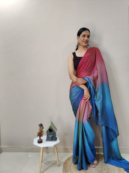 Stunning 1 Minute Ready to Wear Red &amp; Blue Chiffon Saree