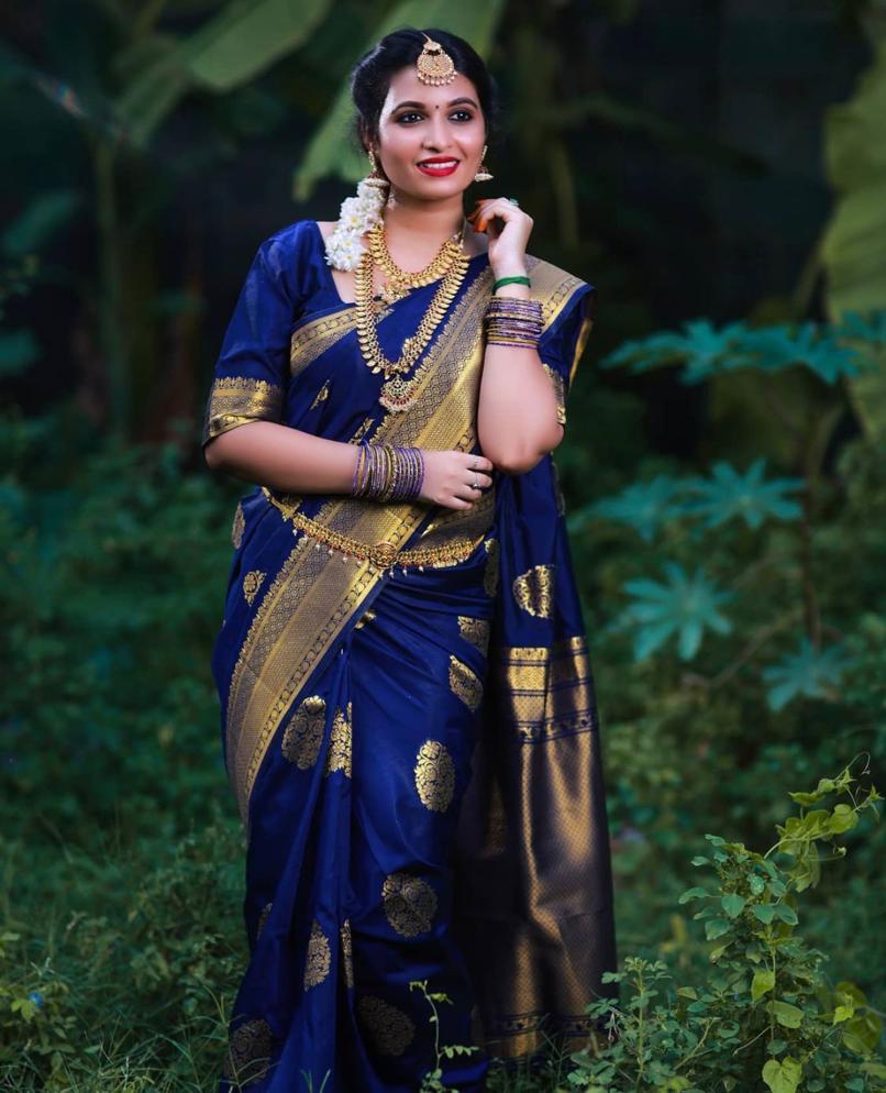 Bridal Collection Lichi Silk Saree with Fancy Zari Work -Blue