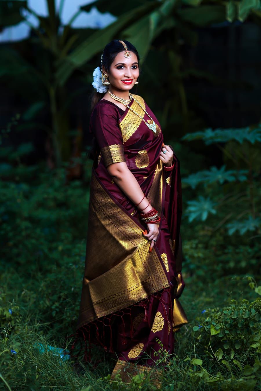 Bridal Collection Lichi Silk Saree with Fancy Zari Work -Wine