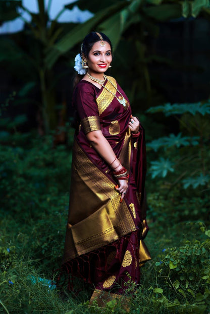 Bridal Collection Lichi Silk Saree with Fancy Zari Work -Wine
