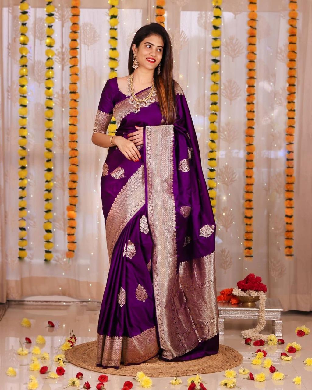 Bridal Collection Lichi Silk Saree with Fancy Zari Work Purple