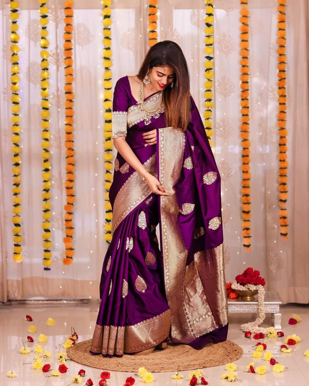 Bridal Collection Lichi Silk Saree with Fancy Zari Work Purple