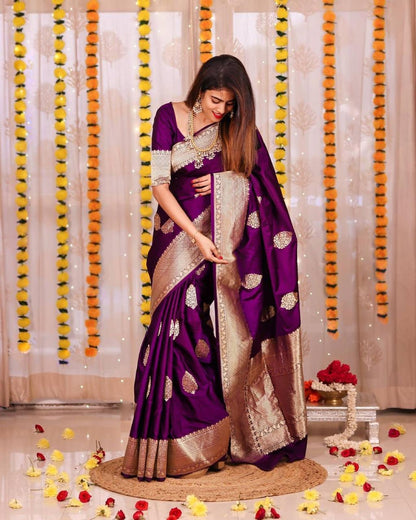 Bridal Collection Lichi Silk Saree with Fancy Zari Work Purple