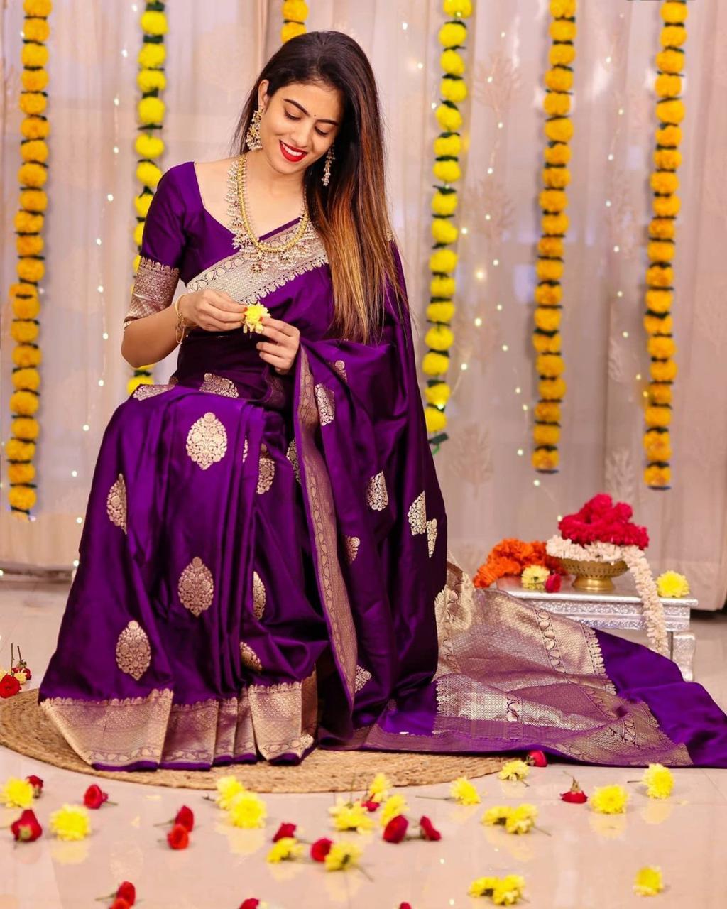 Bridal Collection Lichi Silk Saree with Fancy Zari Work Purple