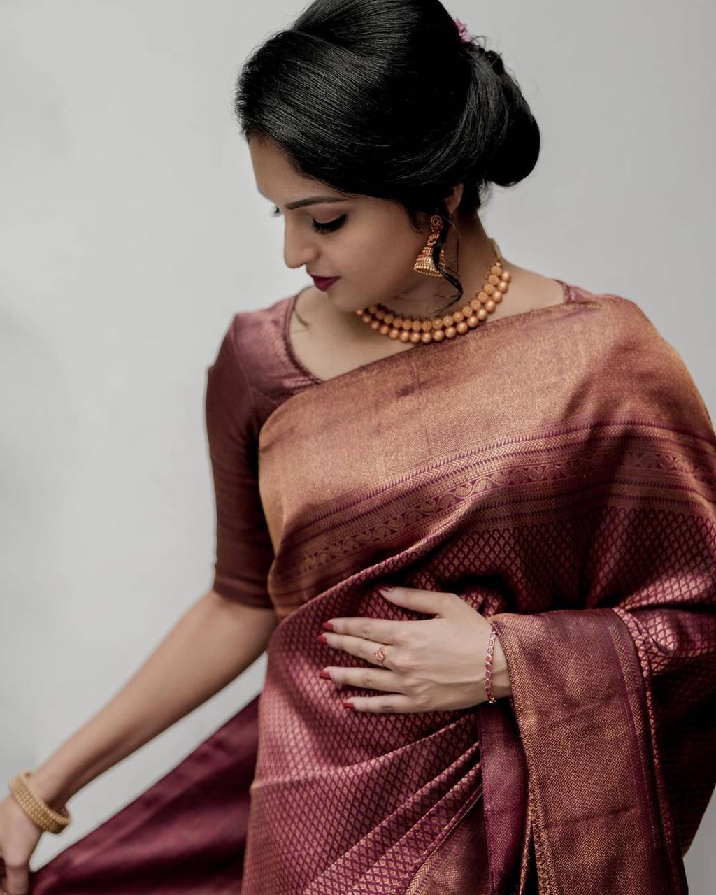 Authentic Lichi Silk Saree with Designer Zari Work - Marron