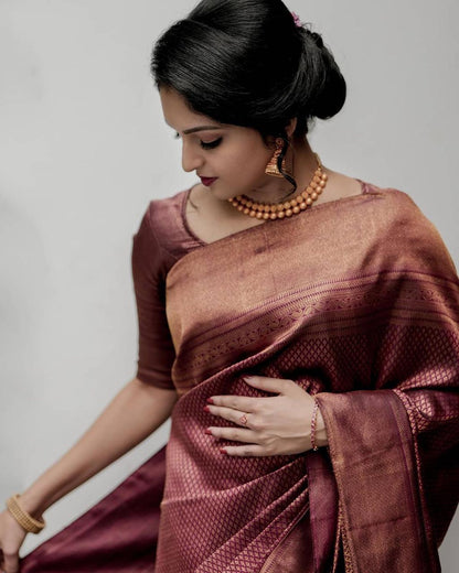 Authentic Lichi Silk Saree with Designer Zari Work - Marron