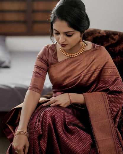 Authentic Lichi Silk Saree with Designer Zari Work - Marron