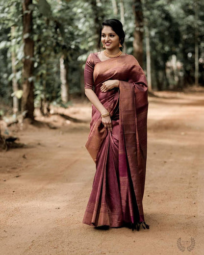 Authentic Lichi Silk Saree with Designer Zari Work - Marron