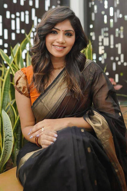 Flamboyant Black Cotton Silk Saree With Staring Blouse Piece