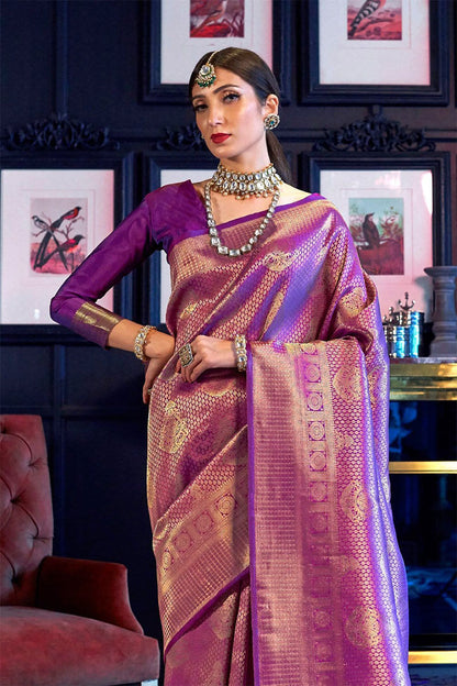Demesne Purple Kanjivaram Silk Saree With Beautiful Blouse Piece