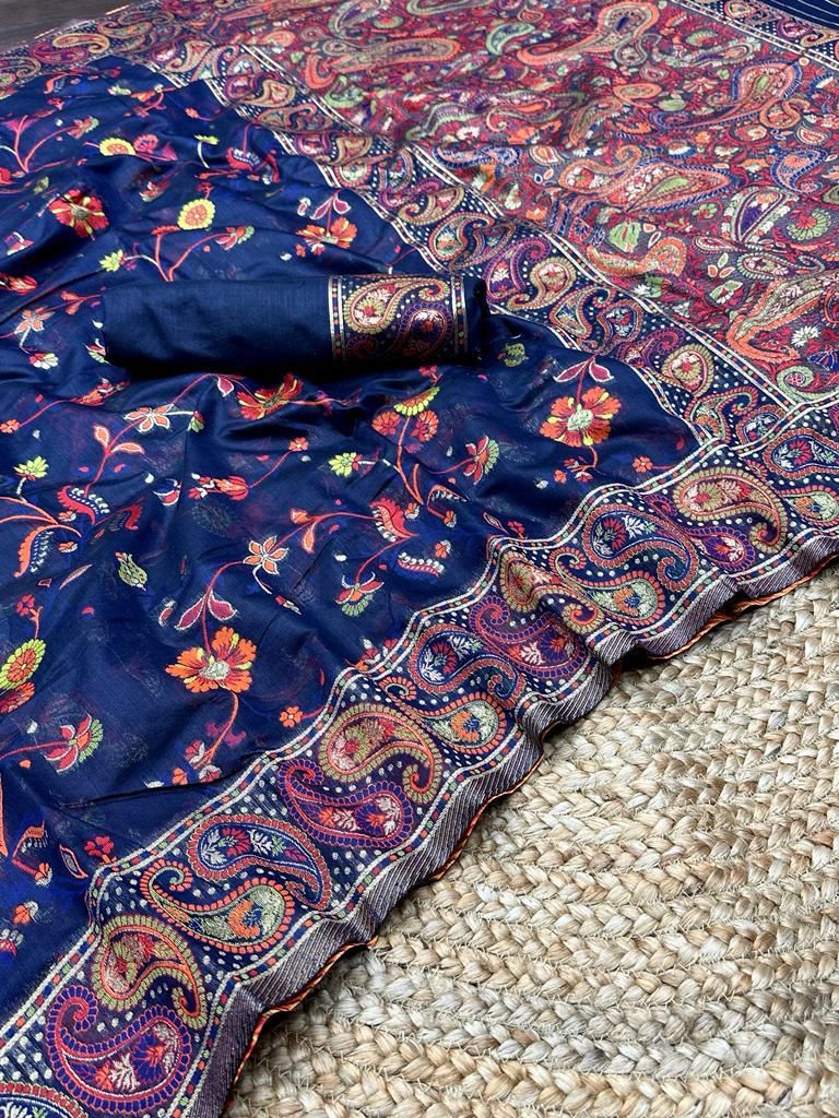 Festive Wear Banarasi Saree in Pure Soft Silk Dark BlueWhit