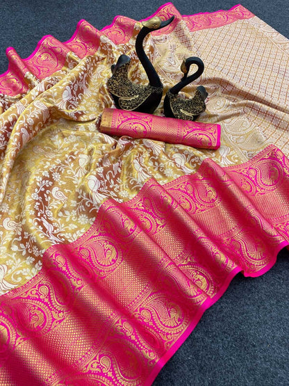 Glorious Dark Pink Kanjivaram Silk Saree With Exceptional Blouse Piece