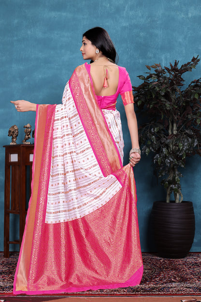 Sophisticated Cream White and Pink Soft Silk Saree with Ethnic Blouse Piece