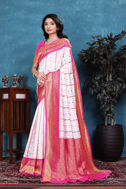 Sophisticated Cream White and Pink Soft Silk Saree with Ethnic Blouse Piece