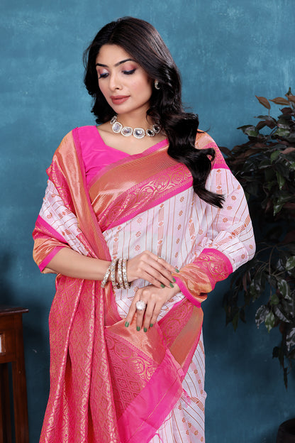 Sophisticated Cream White and Pink Soft Silk Saree with Ethnic Blouse Piece