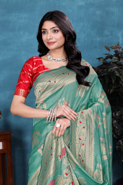 Classic Pista Green Soft Silk Saree with Ethnic Blouse Piece