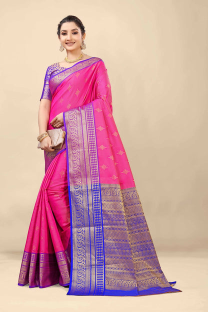Elegant Dark Pink Kanjivaram Silk With Demure Blouse Piece