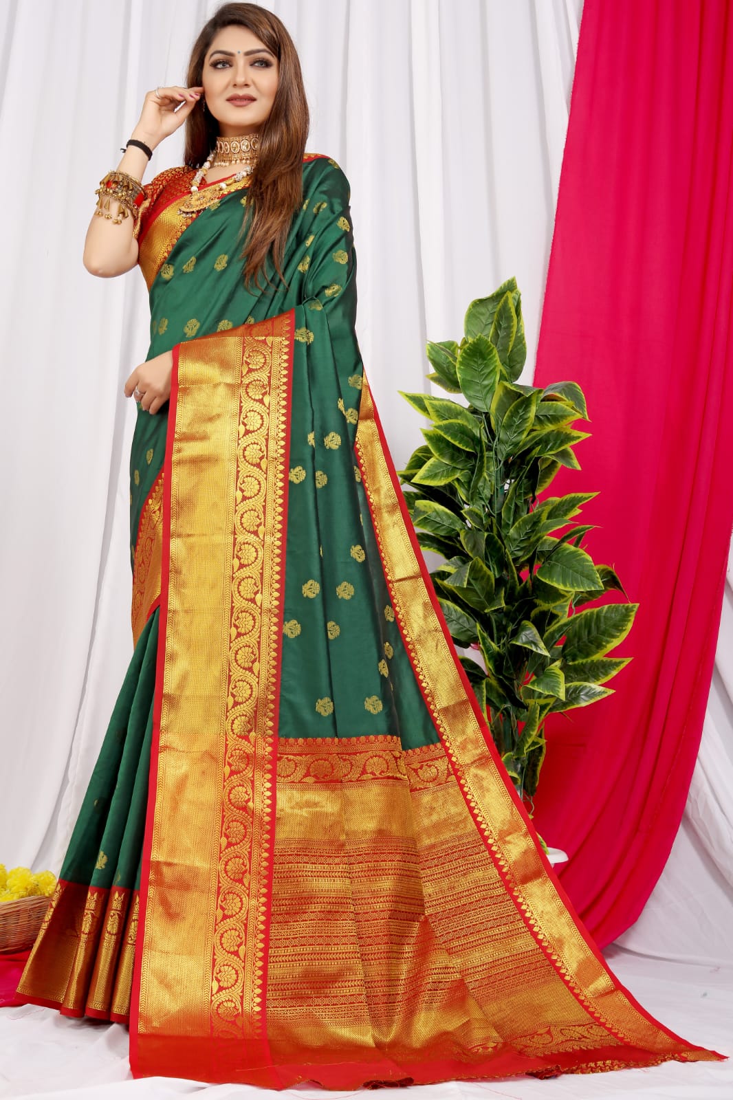 Ratatouille Green Kanjivaram Silk With Glittering Blouse Piece