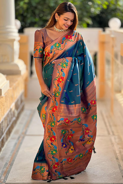 Lassitude Rama Paithani Silk Saree With Nemesis Blouse Piece