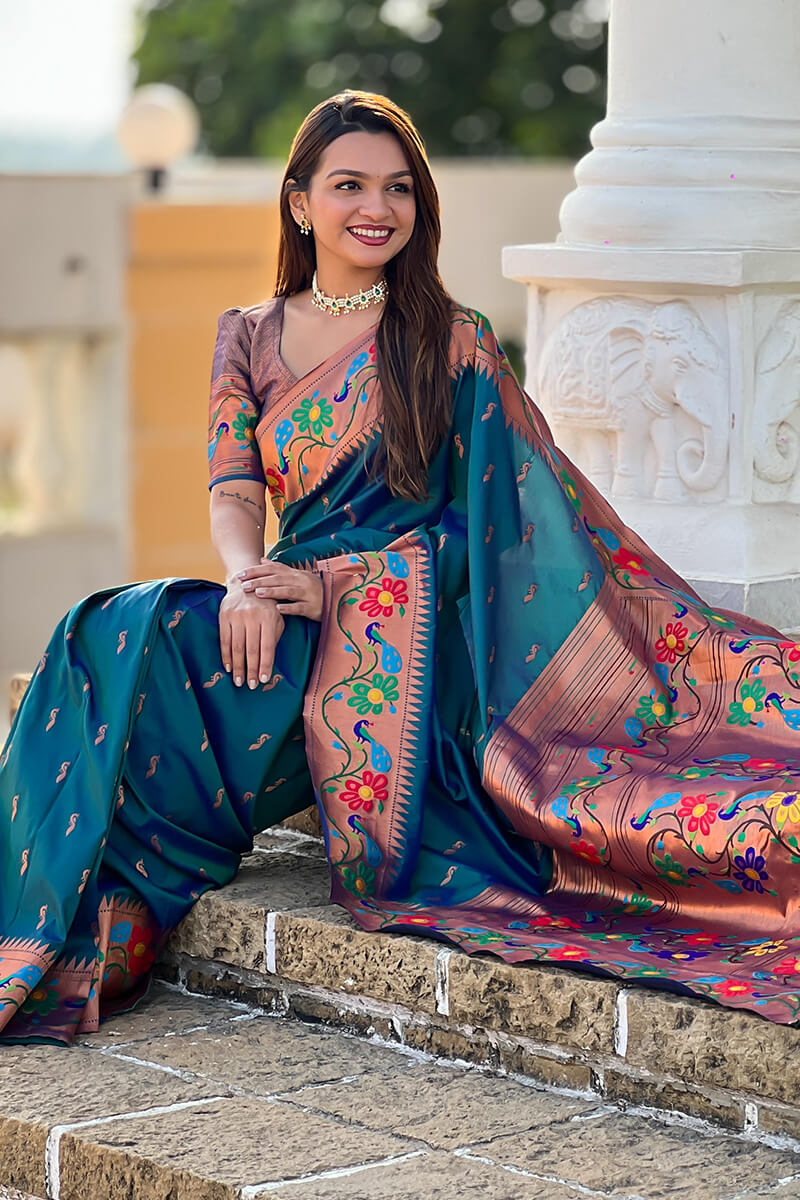 Lassitude Rama Paithani Silk Saree With Nemesis Blouse Piece