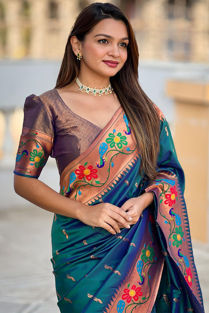 Lassitude Rama Paithani Silk Saree With Nemesis Blouse Piece