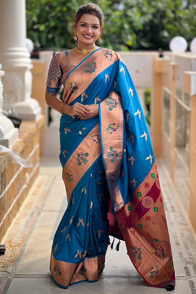 Elaborate Firozi Paithani Silk Saree With Whimsical Blouse Piece