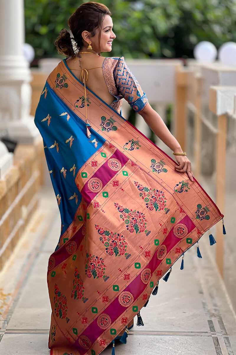Elaborate Firozi Paithani Silk Saree With Whimsical Blouse Piece