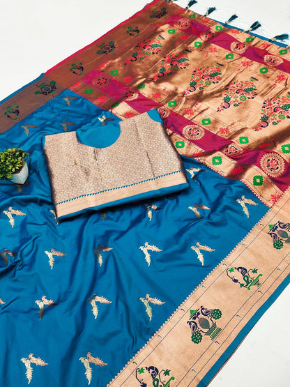 Elaborate Firozi Paithani Silk Saree With Whimsical Blouse Piece