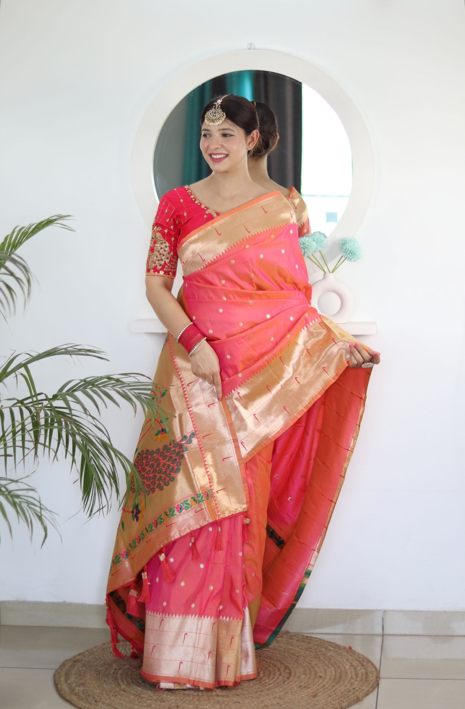 Flameboyant Peach Paithani Silk Saree With Fairytale Blouse Piece