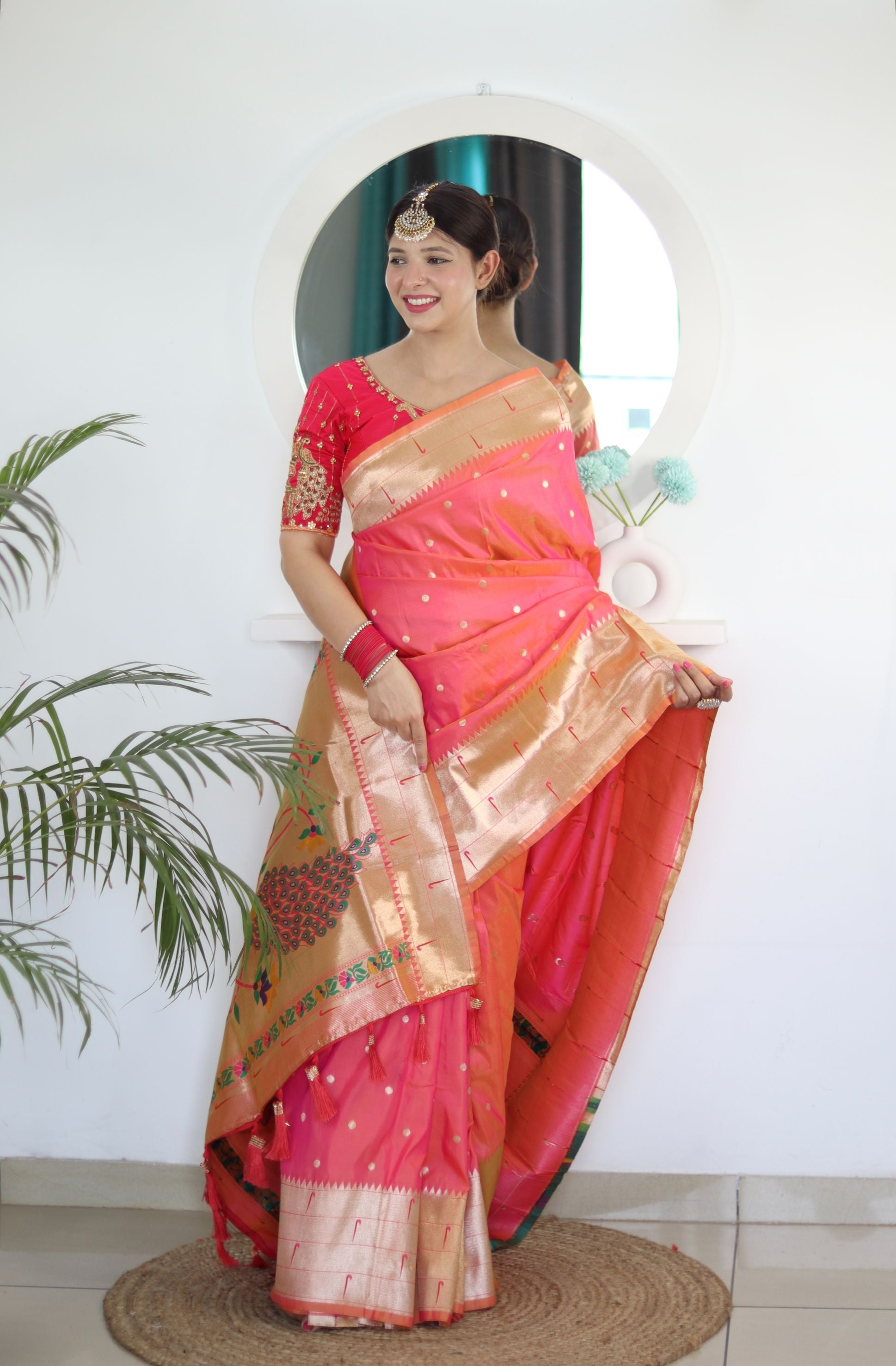 Flameboyant Peach Paithani Silk Saree With Fairytale Blouse Piece
