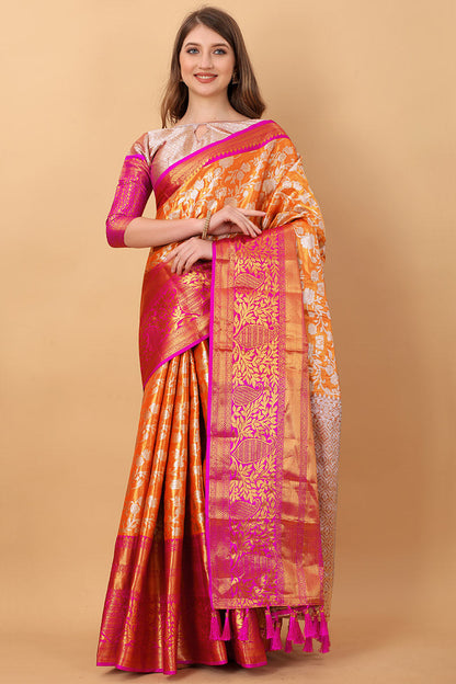 Effervescent Orange Kanjivaram Silk Saree With Redolent Blouse Piece