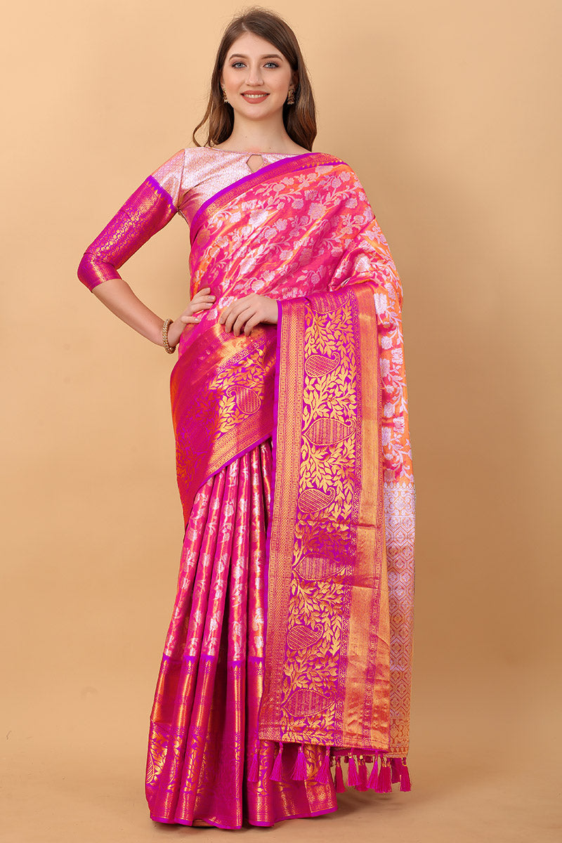 Pleasurable Pink Kanjivaram Silk Saree With Luxuriant Blouse Piece