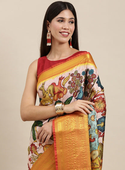 Arresting Beige Kalamkari Printed Saree With Impressive Blouse Piece