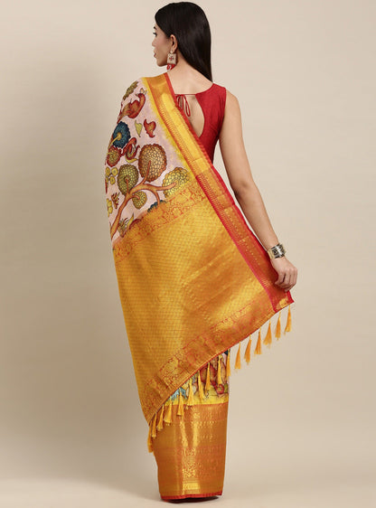 Arresting Beige Kalamkari Printed Saree With Impressive Blouse Piece