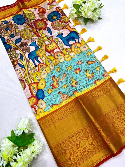 Arresting Beige Kalamkari Printed Saree With Impressive Blouse Piece