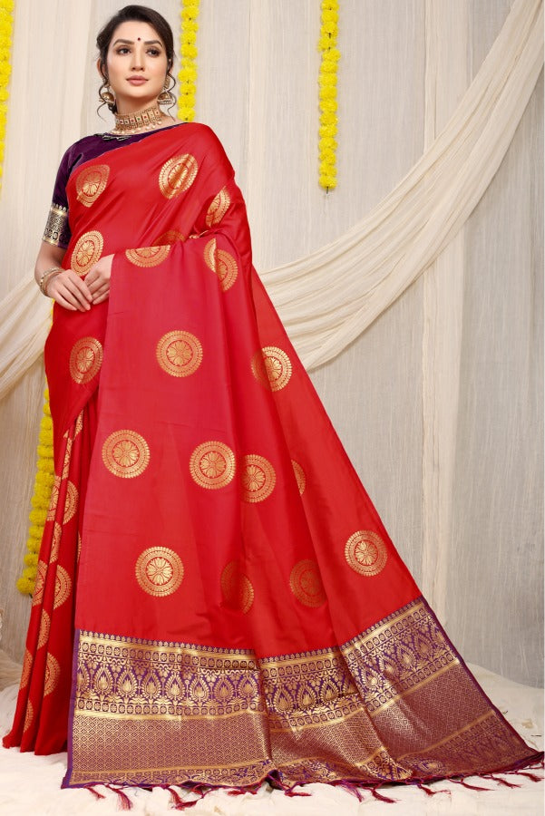 Deserving Red Kanjivaram Silk Saree and Angelic Blouse Piece